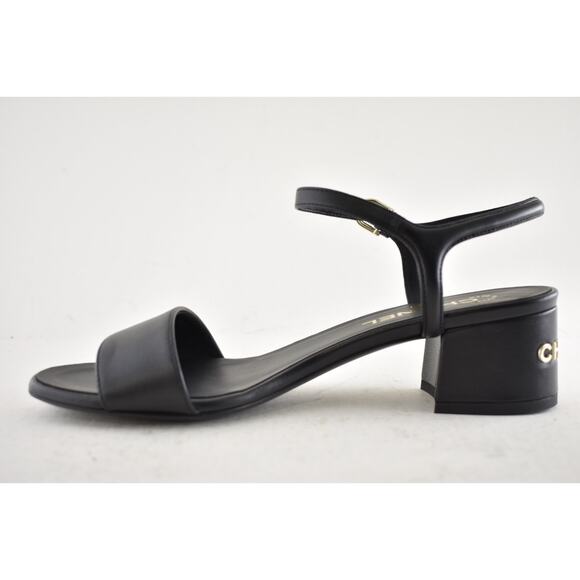 Chanel 24C Black Lambskin Leather Gold Logo Ankle Strap Block Heel Sandal 38 - Picture 4 of 14